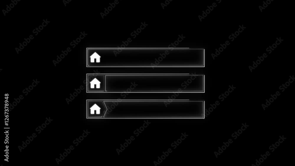 Text title box set, home address icon. isolated black background. Technology Lower animation of media with successful text. with continuous seamless loop from 1 to 10-second mark.