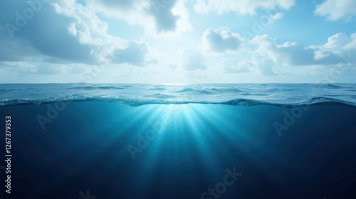Beneath serene ocean surface, sunlight filters through water, creating tranquil atmosphere