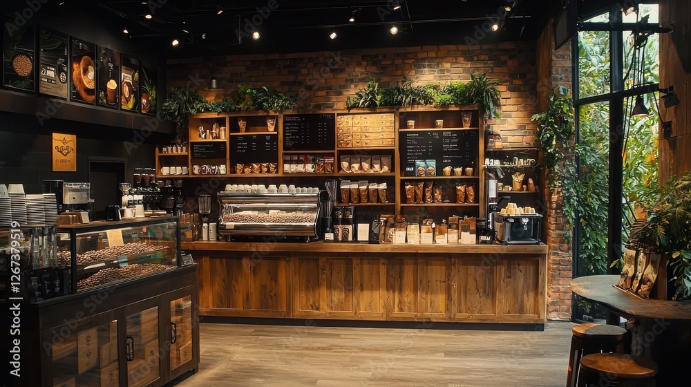 Obraz premium Modern Upscale Coffee Shop Interior with Cozy Ambiance and Rich Natural Lighting