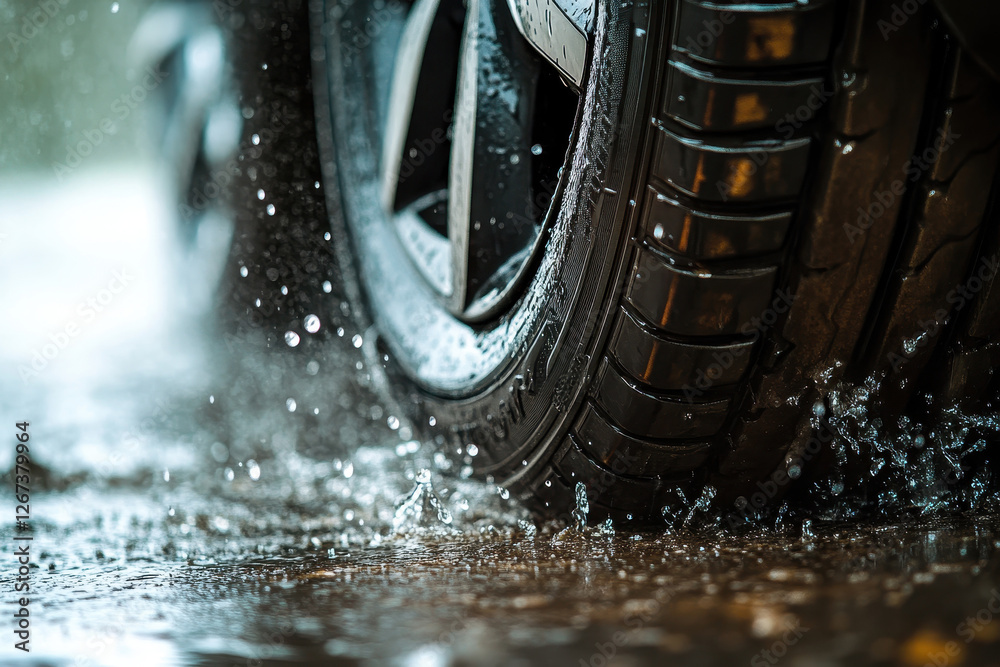 custom made wallpaper toronto digitalclose-up shot of a car tire driving on a wet road, with water splashing around. The tread pattern is clearly visible, highlighting grip and traction. The image conveys motion, safety, and performance