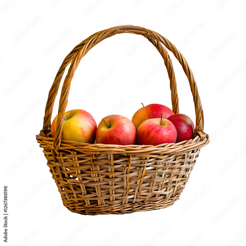 Wicker Basket of Apples: A rustic wicker basket overflowing with a bounty of ripe red and yellow apples, capturing the essence of autumn harvest and rustic charm. Wicker Basket of Apples: A rustic wicker basket overflowing with a bounty of ripe red and yellow apples, capturing the essence of autumn harvest and rustic charm.