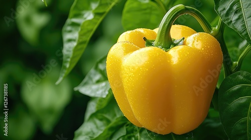 Bright yellow bell pepper hangs gracefully among lush green leav