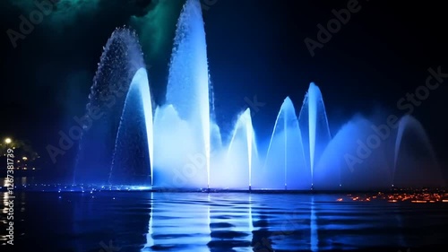 Colorful water fountain display at night with reflections