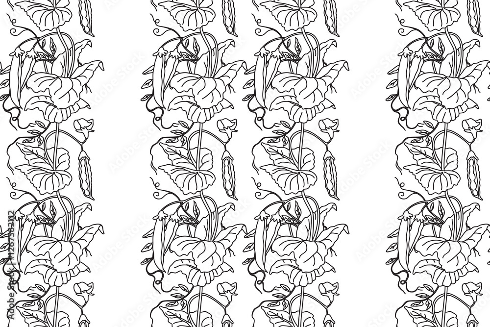 Fototapeta premium Line art seamless pattern with growing peas vector illustration. Hand drawn outline repeating vegetables pattern background. Graphic design for Wallpaper Coloring Book Textile Cover Fashion Print Card