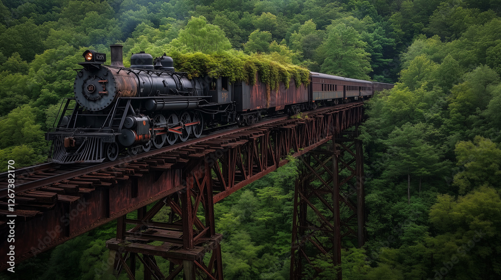 Fototapeta premium Abandoned Train on a Forest Bridge, Covered in Rust and Moss