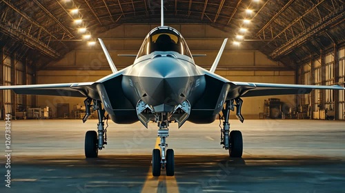 Advanced fighter jet on display inside a military hangar during late afternoon hours