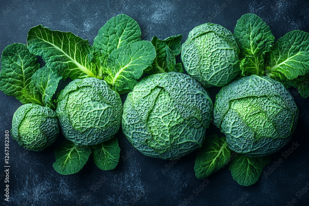 Fototapeta premium Dark Table Arrangement of Vibrant Savoy Cabbages and Green Leaves