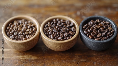 Freshly Roasted Coffee Beans in Three Bowls on Wooden Surface for Culinary Use and Coffee Enthusiasts