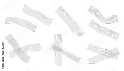 3d set of transparent adhesive plastic tape isolated on background png render. Clear crumpled sticky strip, piece of glued scotch band, cross patch or wrinkle cellophane film mockup. 3D illustration
