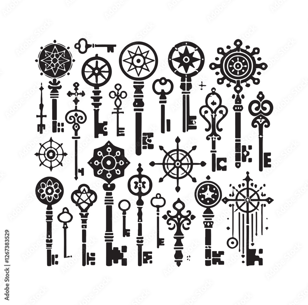 Fototapeta premium Antique key silhouettes Medieval and modern keys 