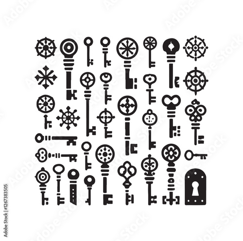 Antique key silhouettes Medieval and modern keys 