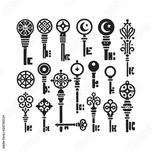 Antique key silhouettes Medieval and modern keys 