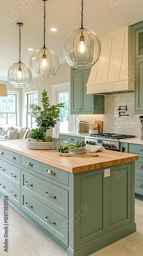 Modern Farmhouse Kitchen With Light Green Cabinets And Wood Island