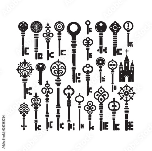 Antique key silhouettes Medieval and modern keys 