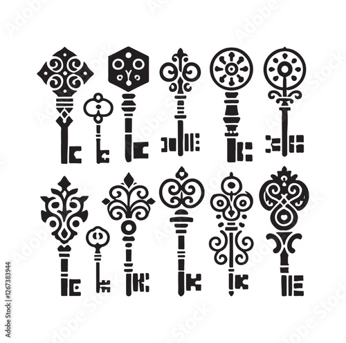 Antique key silhouettes Medieval and modern keys 