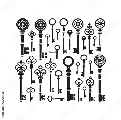 Antique key silhouettes Medieval and modern keys 