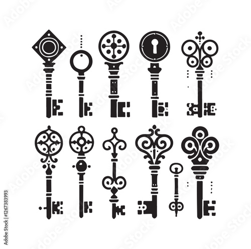 Antique key silhouettes Medieval and modern keys 