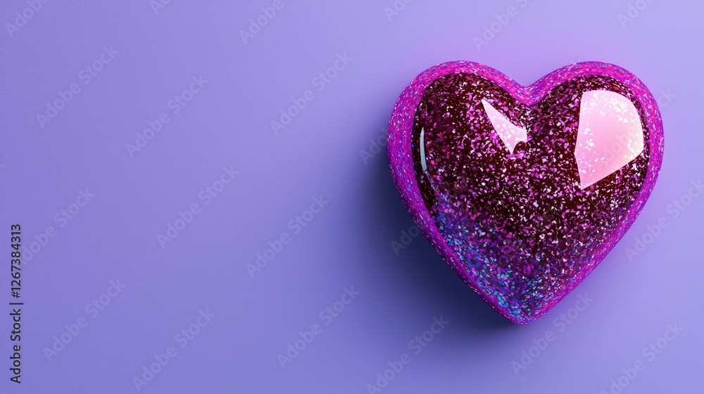 Obraz premium Sparkling purple glitter heart with a glossy resin finish on a solid violet background with copy space.