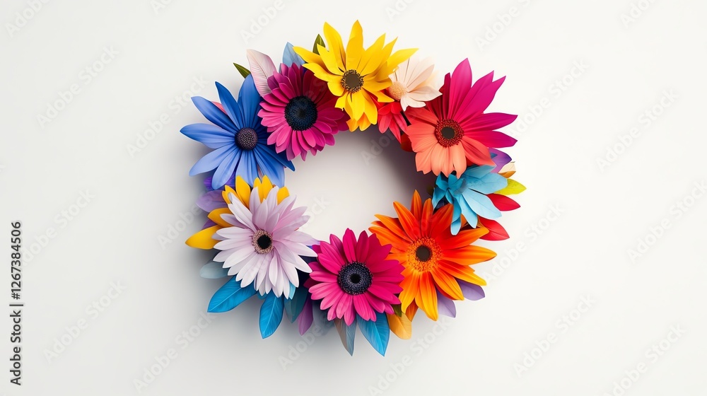 Vibrant floral wreath, symbolizing the beauty of spring, 3D illustration Vibrant floral wreath, symbolizing the beauty of spring, 3D illustration