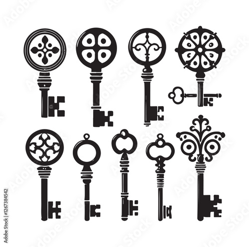 Antique key silhouettes Medieval and modern keys silhouette vector illustration