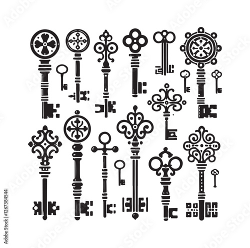 Antique key silhouettes Medieval and modern keys silhouette vector illustration