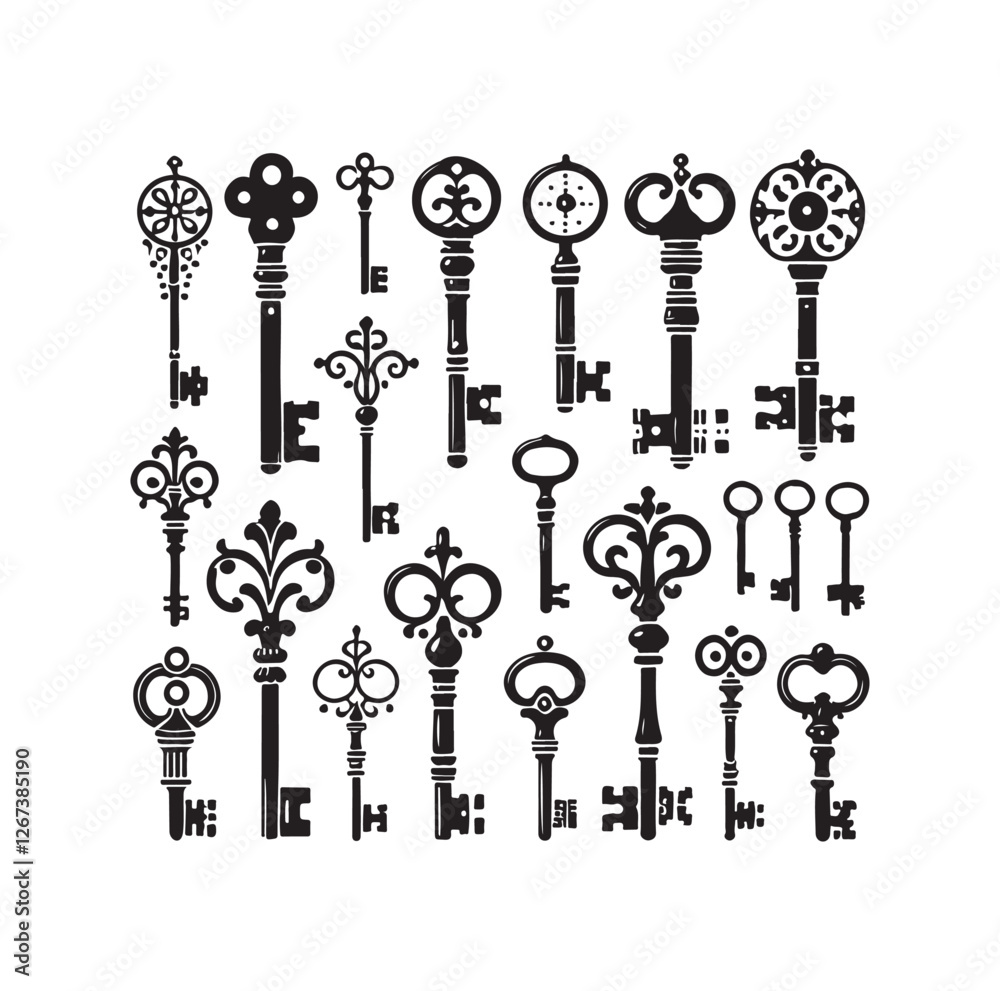 Antique key silhouettes Medieval and modern keys silhouette vector illustration Antique key silhouettes Medieval and modern keys silhouette vector illustration