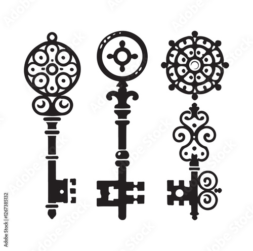 Antique key silhouettes Medieval and modern keys silhouette vector illustration