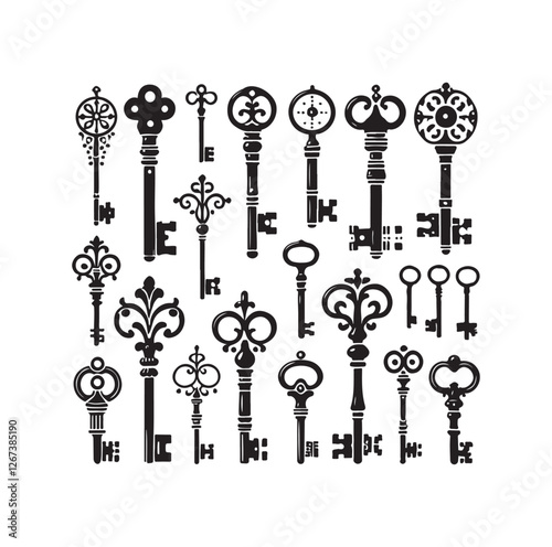 Antique key silhouettes Medieval and modern keys silhouette vector illustration