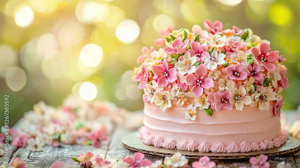 Delicious pink cake decorated with sugar flowers on wooden table. Delicious pink cake decorated with sugar flowers on wooden table.