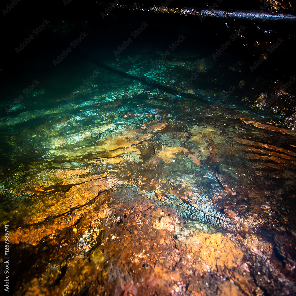 Obraz premium Abstract Underground Mineral Seepage with Metallic Waters and Geological Formations in Dark Environment