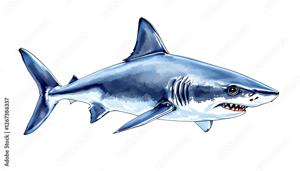 Fototapeta premium Watercolor Illustration of a Great White Shark on transparent background