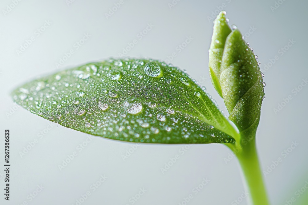 Fototapeta premium Macro photograph of a vibrant green sprout with water droplets, showcasing the beauty and resilience of new life against a soft background.