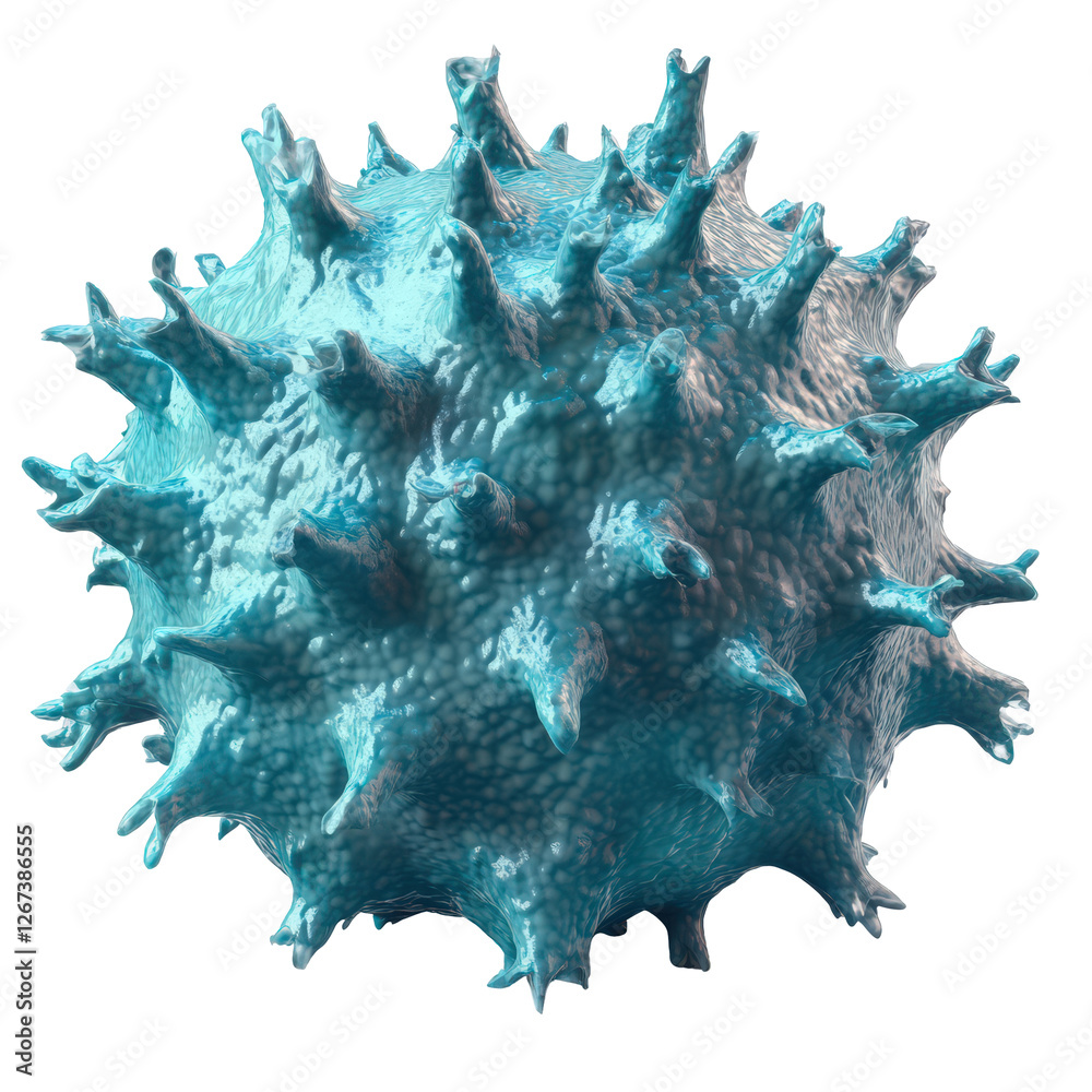3D turquoise virus featuring a smooth spherical surface with orange spike-like projections, illustrating a vibrant microscopic pathogen. Isolated on transparent background, png
3D turquoise virus featuring a smooth spherical surface with orange spike-like projections, illustrating a vibrant microscopic pathogen. Isolated on transparent background, png