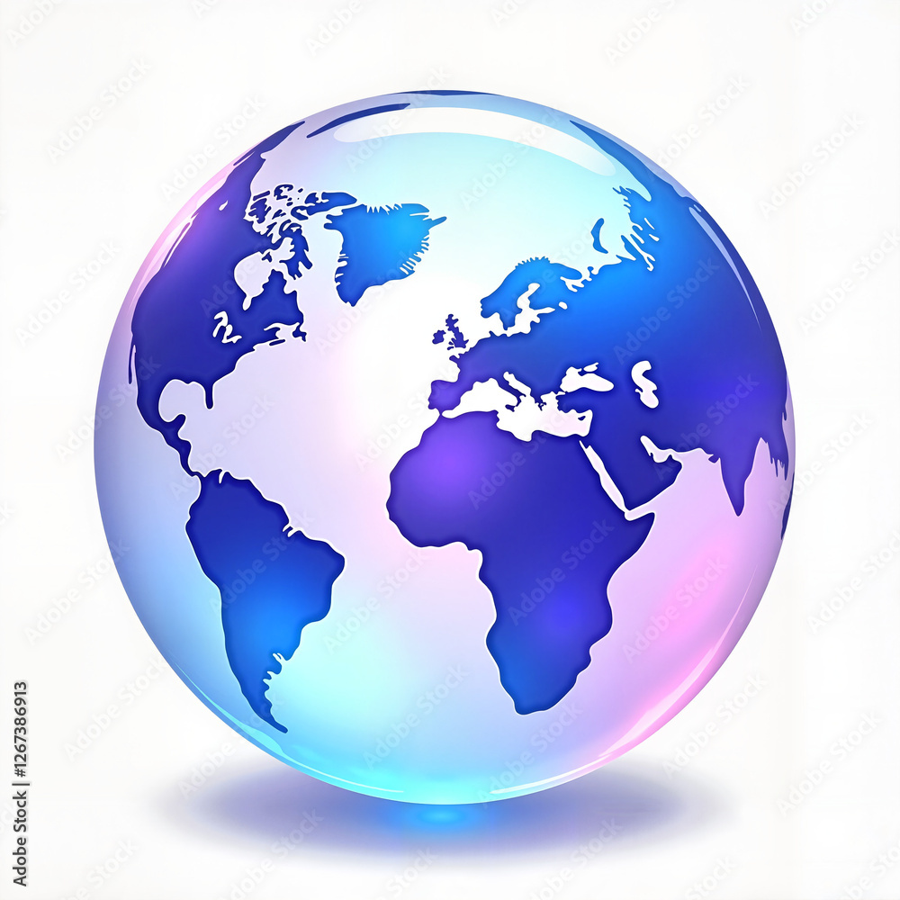 Glossy globe with a colorful map design on white background, copy space Glossy globe with a colorful map design on white background, copy space
