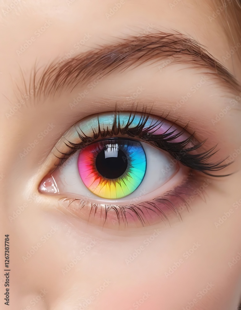 Hypnotic spectrum, Close-up of an eye with rainbow-colored contact lens Hypnotic spectrum, Close-up of an eye with rainbow-colored contact lens