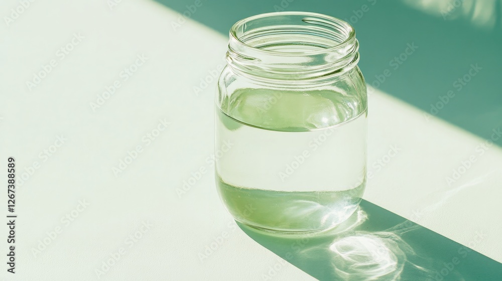 Clear jar filled with water, casting soft shadows on light surfa Clear jar filled with water, casting soft shadows on light surfa