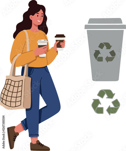 Woman holding coffee cups beside a recyclable coffee cup illustration