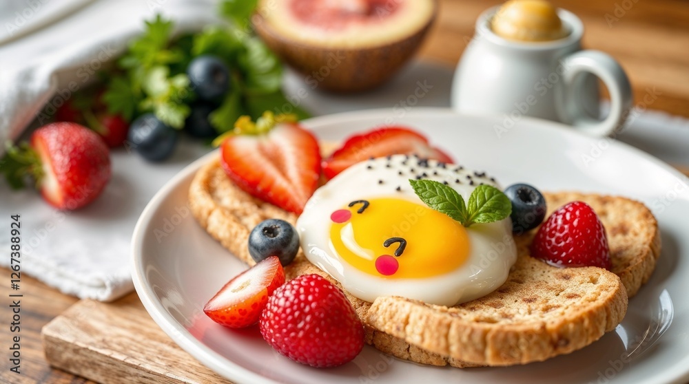 Cute breakfast toast with a happy egg and fresh fruit. Healthy breakfast, hot porridge, hot breakfast, healthy eating, eco products, farming, Cute breakfast toast with a happy egg and fresh fruit. Healthy breakfast, hot porridge, hot breakfast, healthy eating, eco products, farming,