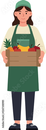 Woman wearing green apron holding a box of fresh fruits and vegetables