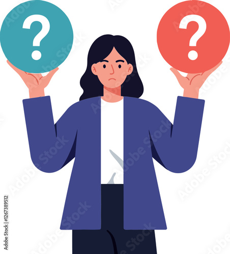 Woman holding two question mark symbols in contrasting colors, pondering choices