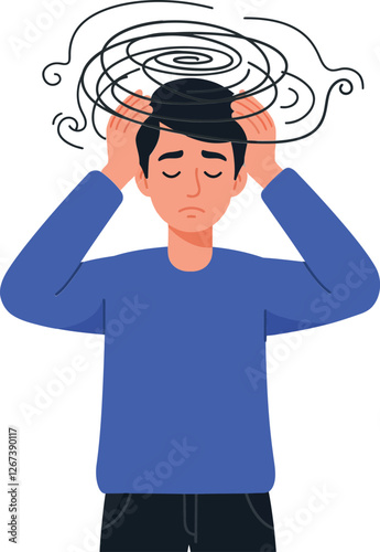 Person holding head in distress with swirling lines representing confusion