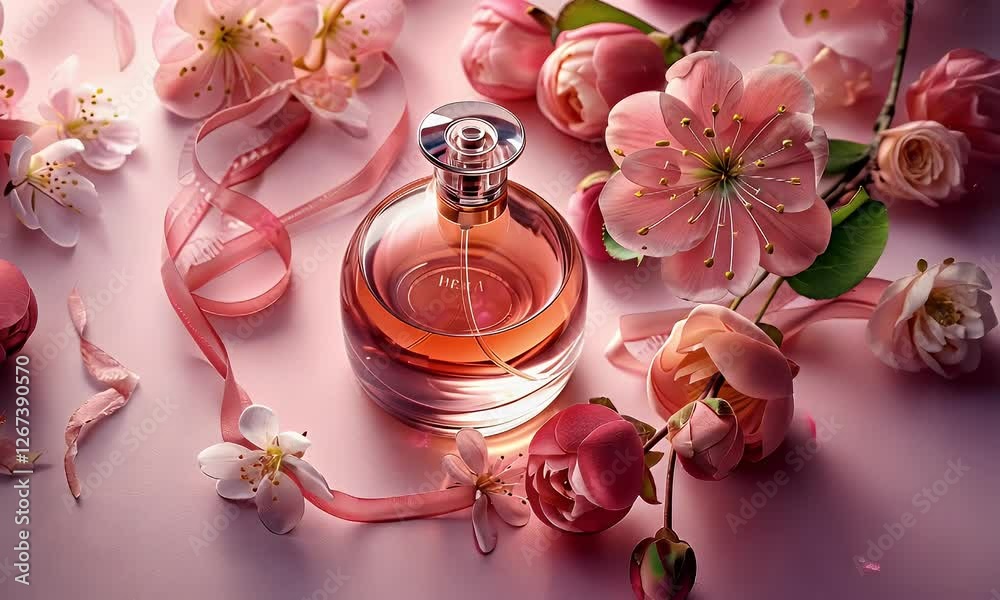 Pink perfume bottle spring blossoms ribbon background