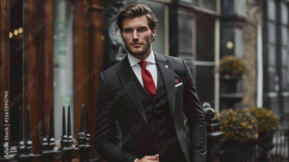 A bold and classic man in black suit with red tie, ready for a striking appearance, A bold and classic man in black suit with red tie, ready for a striking appearance,