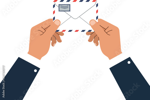 Hands holding an envelope with airmail design and clear address label