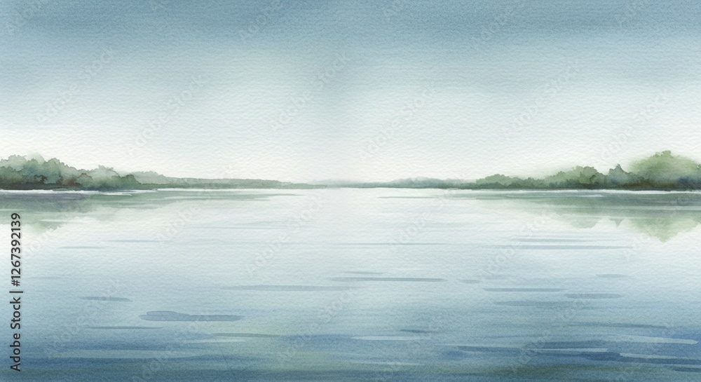 Fototapeta premium Serene Watercolor Landscape Tranquil Lake with Distant Trees and Calm Water