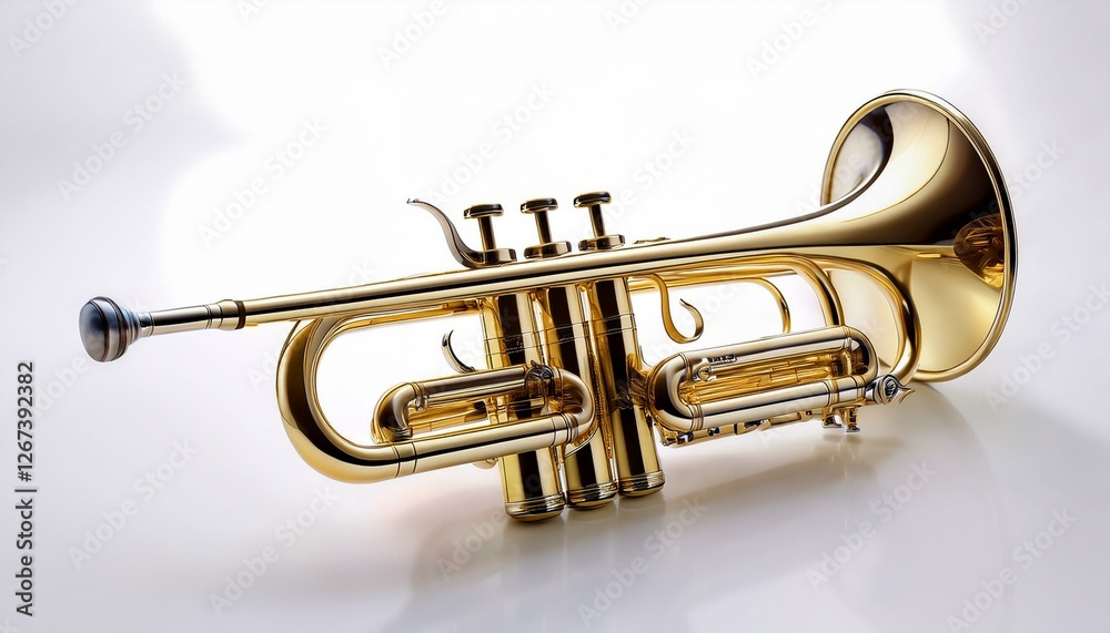 Obraz premium a gleaming gold trumpet isolated on a white background perfect for musical themes advertising or design projects