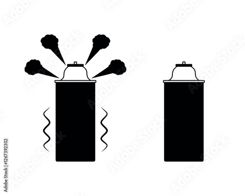 A black and white icon of an aerosol or gas can: one releases gas, the other remains stationary.