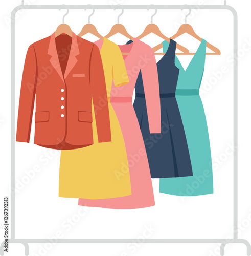 Colorful clothing display with various dresses and a blazer hanging