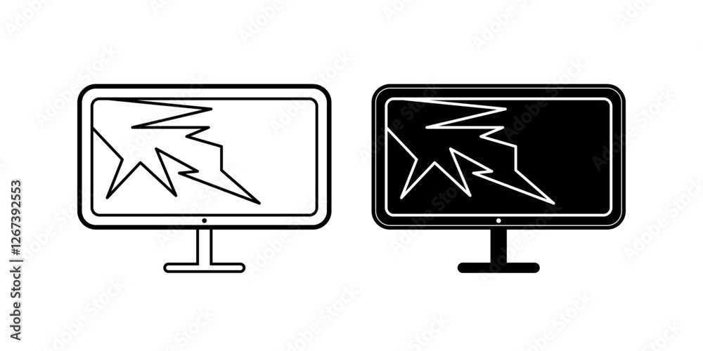 Two broken monitor icons, black and white versions, flat design, outline style. Two broken monitor icons, black and white versions, flat design, outline style.