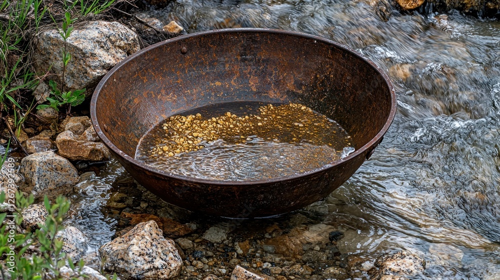 Gold panning in stream, rocks, flowing water Gold panning in stream, rocks, flowing water